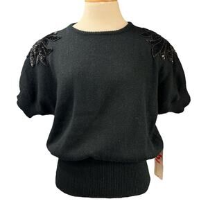 Vintage JBL Dolman Sleeve Fancy Sequin Epaulette Sweater Sz M Black Cozy Party